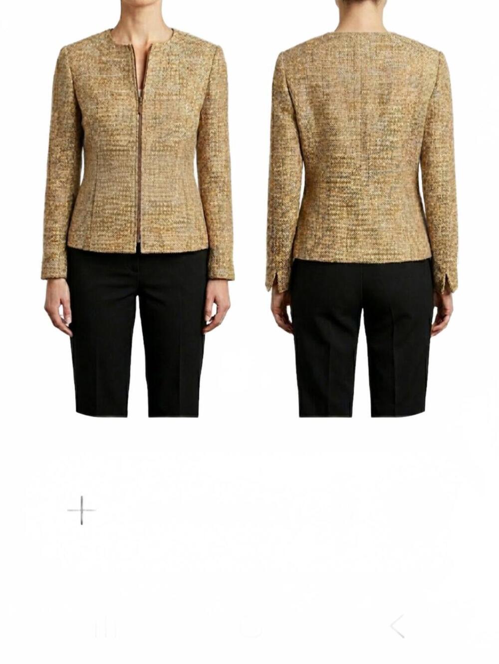Valerie Stevens Vintage Tan Cream Tweed Collarless Blazer Zip Front Pockets Line